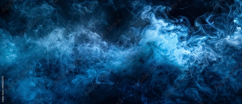 Poster abstract design with smoke, light, and fire elements blending in a dynamic blue and black wave patte