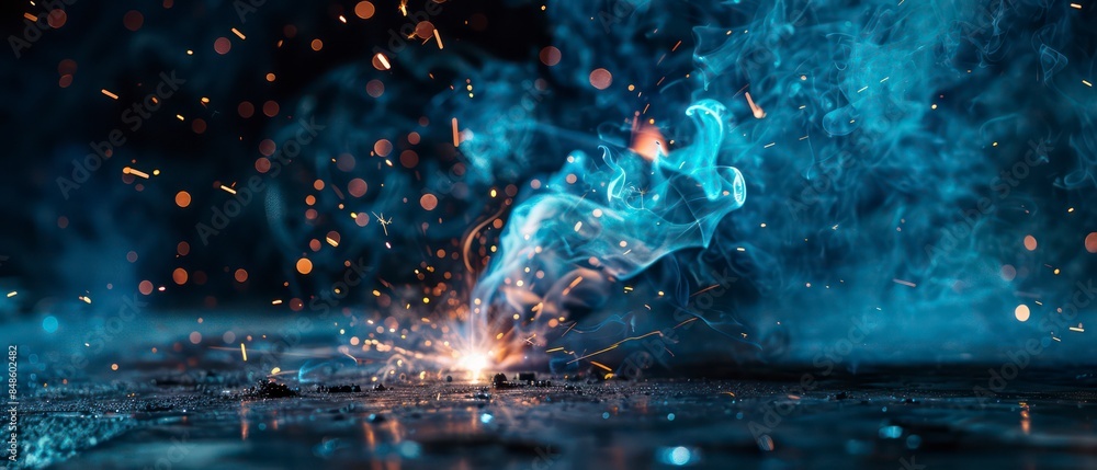 Poster abstract design with smoke, light, and fire elements blending in a dynamic blue and black wave patte