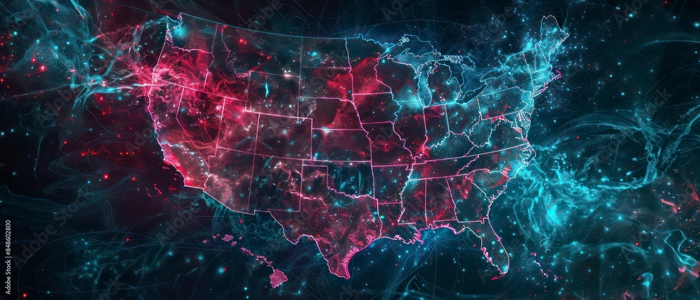 Poster usa surrounded by digital data networks and communication lines