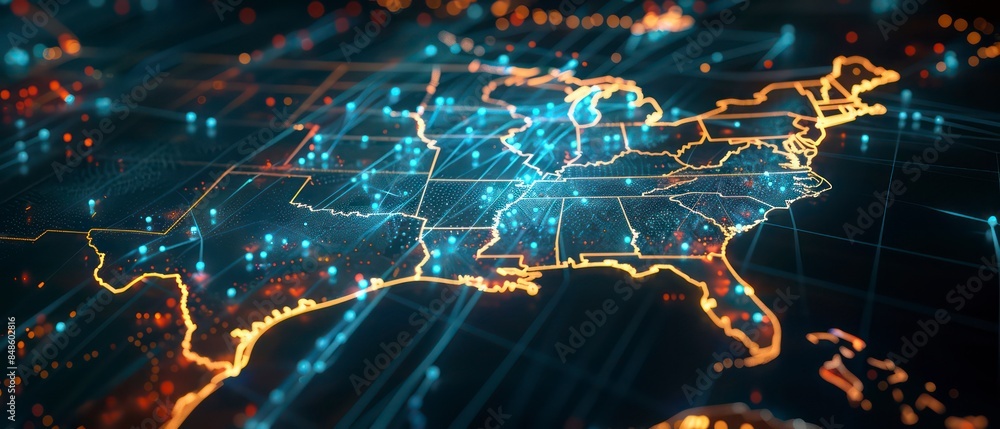 Poster usa surrounded by digital data networks and communication lines
