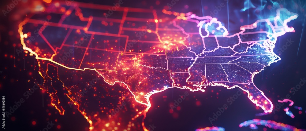 Poster usa surrounded by digital data networks and communication lines
