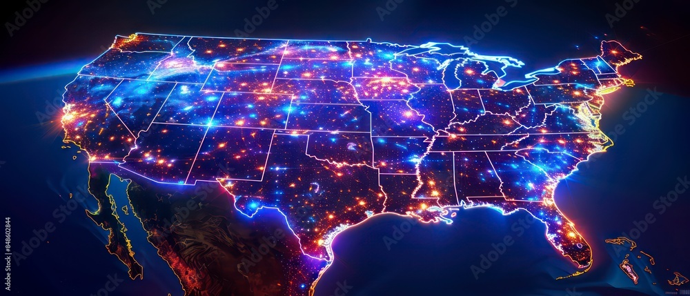 Poster usa surrounded by digital data networks and communication lines