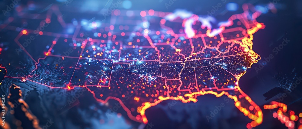 Poster usa surrounded by digital data networks and communication lines