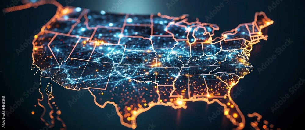 Poster usa surrounded by digital data networks and communication lines