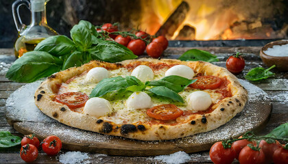 Hot and delicious pizza baked in a wood-fired oven.