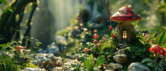 Ancient village nestled in a mystical forest, with warm golden light filtering through autumn leaves