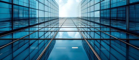 modern glass skyscraper in the city with steel facade, reflecting the sky and street