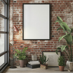 Blank frame mockup hanging on brick wall in natural style.