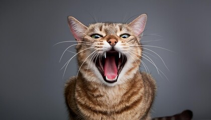 a brown tabby shorthair cat yawning with its mouth wide open