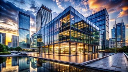 The Glass And Steel Office Buildings Of A Modern City Are Reflected In The Water Below.