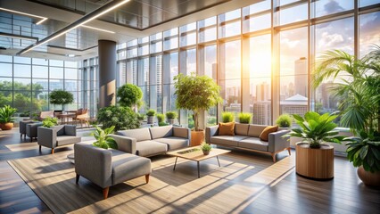 A Modern Office Space With Large Windows, Plants, And Comfortable Furniture