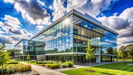 Fototapeta premium The Impressive Glass Facade Of A Modern Office Building Reflects The Sun And Sky