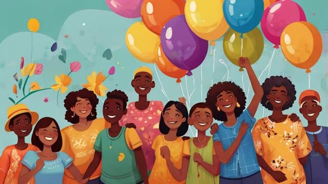 group of friends with balloons