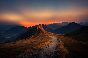 Naklejka premium 山, 道, 崖, ハイキング, 旅, 絶壁, 山道, 夕焼け, 夕陽, mountain, road, cliff, hiking, journey, cliff, mountain road, sunset