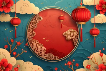 A red and blue background with a red circle in the middle. Chinese new year concept