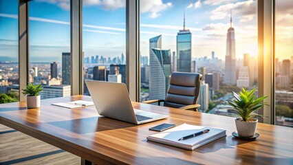 Modern Office With Stunning City View, Desk With Laptop, Documents And Plants.