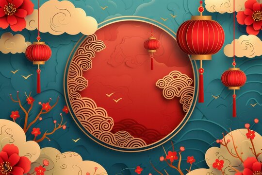 A red and blue background with a red circle in the middle. Chinese new year concept