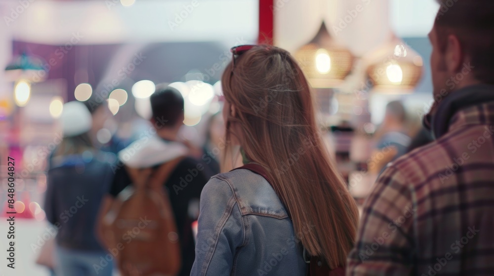 Poster defocused images of people chatting and browsing the booths with only faint hints of colors and shap