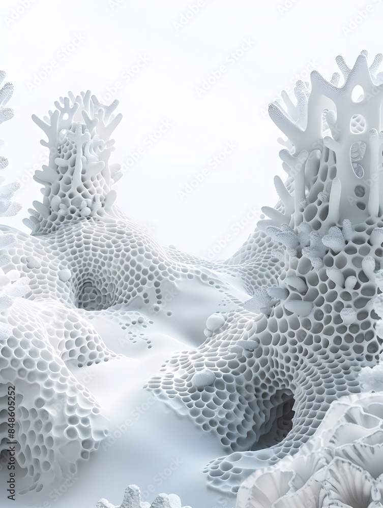 Poster surreal coral-inspired 3d rendered foam structures on white background