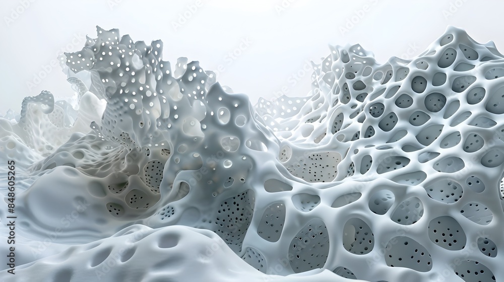 Poster surreal coral-like foam structures in 3d rendering on white background