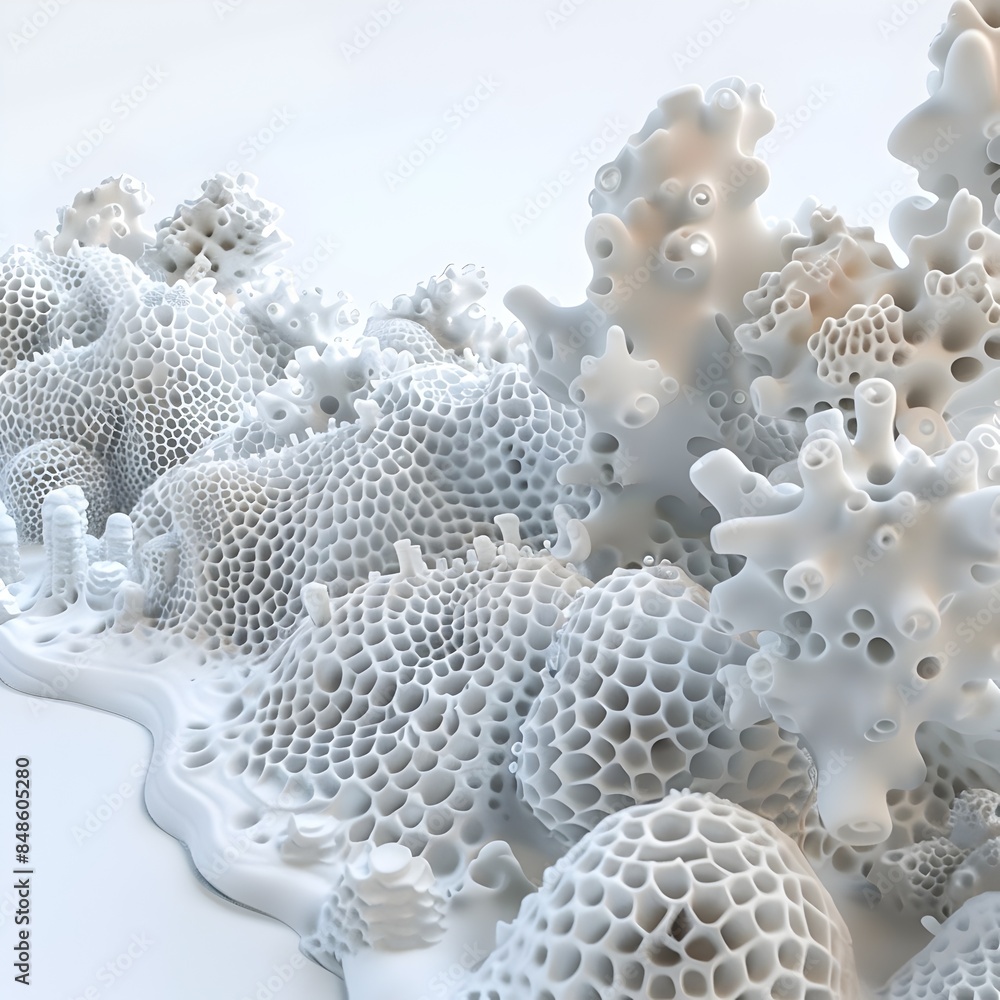 Poster surreal foam structures resembling coral reefs on isolated white background