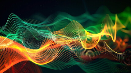 Background image of frequency waves, in colors green, orange, yellow, red. A black background