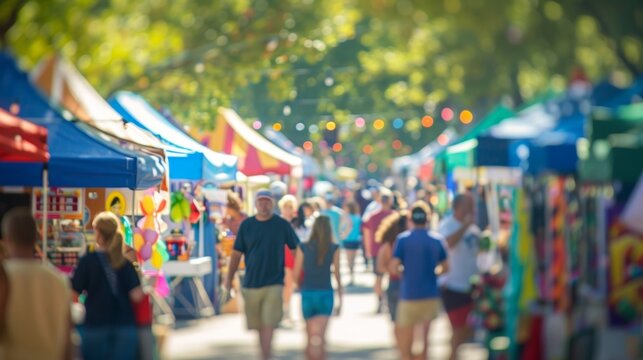 Obscured shot of a community fair with various booths showcasing local businesses.