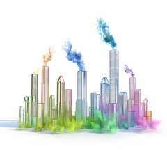 Vibrant City Skyline with Colorful Smoke Lettering on Skyscrapers