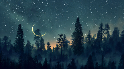 Naklejka premium night sky with stars and moon, Starry sky, crescent moon, forest background