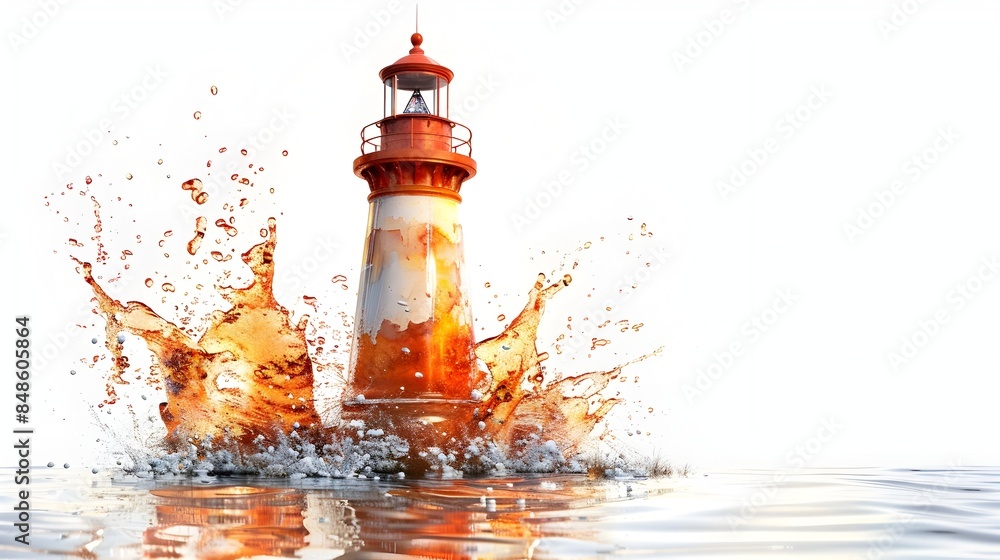 Poster vibrant lighthouse splash 3d rendering with watercolor effect on white background