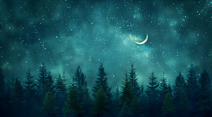 Naklejka premium night sky with stars and moon, Starry sky, crescent moon, forest background