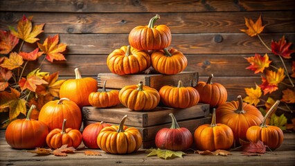 Vibrant orange pumpkins of various sizes stacked in a pyramid shape, surrounded by autumnal leaves and vines, on a rustic wooden table or crate background.