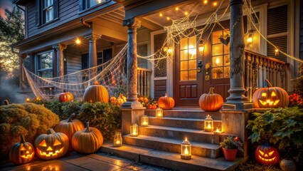 A spooky night scene with a porch decorated with jack-o-lanterns, cobwebs, and eerie lighting, setting the tone for a haunting halloween celebration.