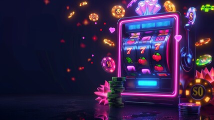 Neon Slot Machine With 777 Jackpot and Flying Chips