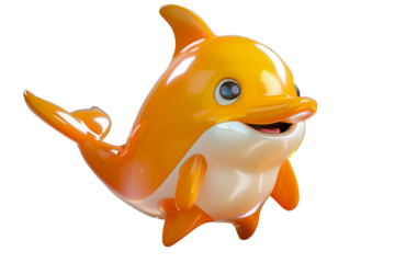 Cartoon 3D dolphin  and a fluffy mane, smiling wide and standing playfully on a transparent background, resembling a cute toy 