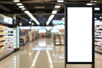 Fototapeta premium Blank digital sign in a supermarket aisle with blurred shelves in the background