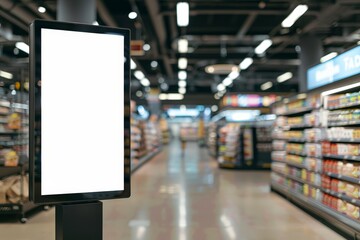 Blank digital sign in a supermarket aisle with blurred shelves in the background