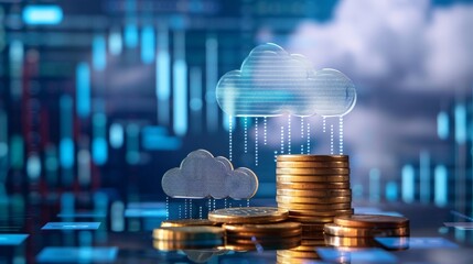 Coins and cloud icons with digital display in the background representing financial growth in the IT sector