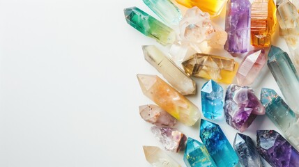 Healing minerals, stones, crystals background. Magic spells, cleansing practice, ritual, witchcraft. Isolated on white background with copyspace