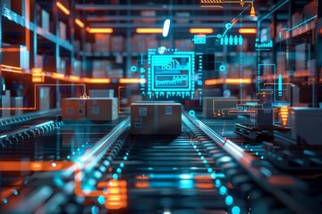 Fototapeta premium Automated warehouse system with a glowing data display. The system consists of conveyor belts carrying packages and a digital overlay displaying data about the systems status and performance