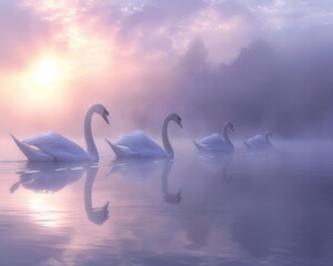 Swans gliding across a misty lake at dawn, their serene movements creating a tranquil scene that evokes a sense of eternal harmony