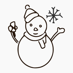 line cartoon of snowman with smile expression and hold an ice cream isolated on white