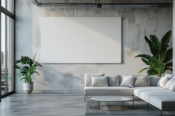 Mockup of blank wall with poster in office room created with Generative AI