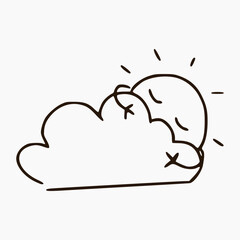 line cartoon of cloud with sun isolated on white