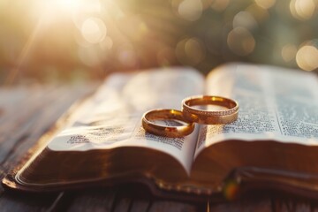 Two golden rings on top of an open Bible, engagement and wedding rings