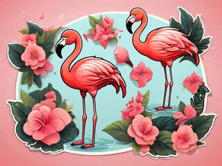 two pink flamingos in water tropical, bird, feathers, summer