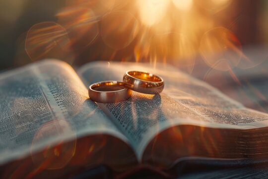 Two golden rings on top of an open Bible, engagement and wedding rings - Powered by Adobe