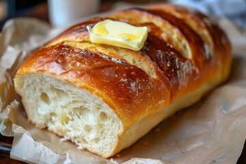 A warm loaf of bread with a pat of melting butter on top