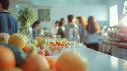 Hazy shapes of students gathering around a still life setup.