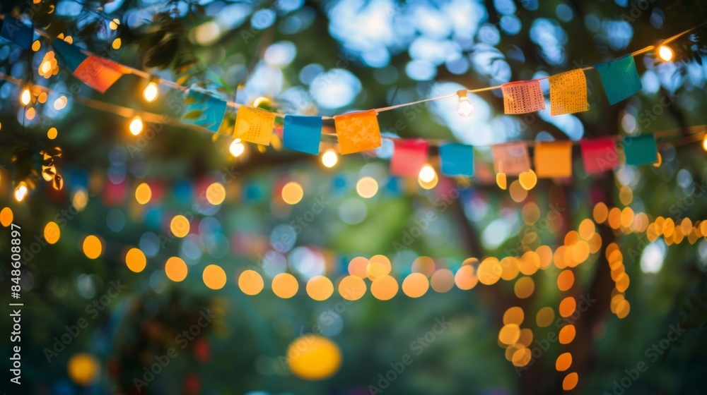 Poster hazy view of colorful banners and ling string lights in a garden gathering
